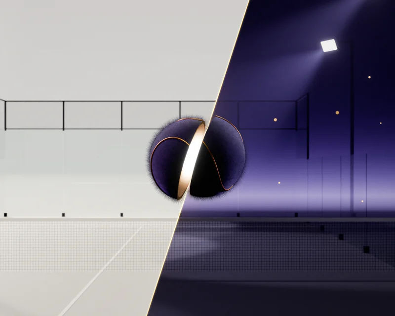 A padel court split by one diagonal line of gold light: the left half in grey daylight, the right half at night under violet floodlights. The Padel Cut ball floats on the line, cut open, light coming out of the cut.